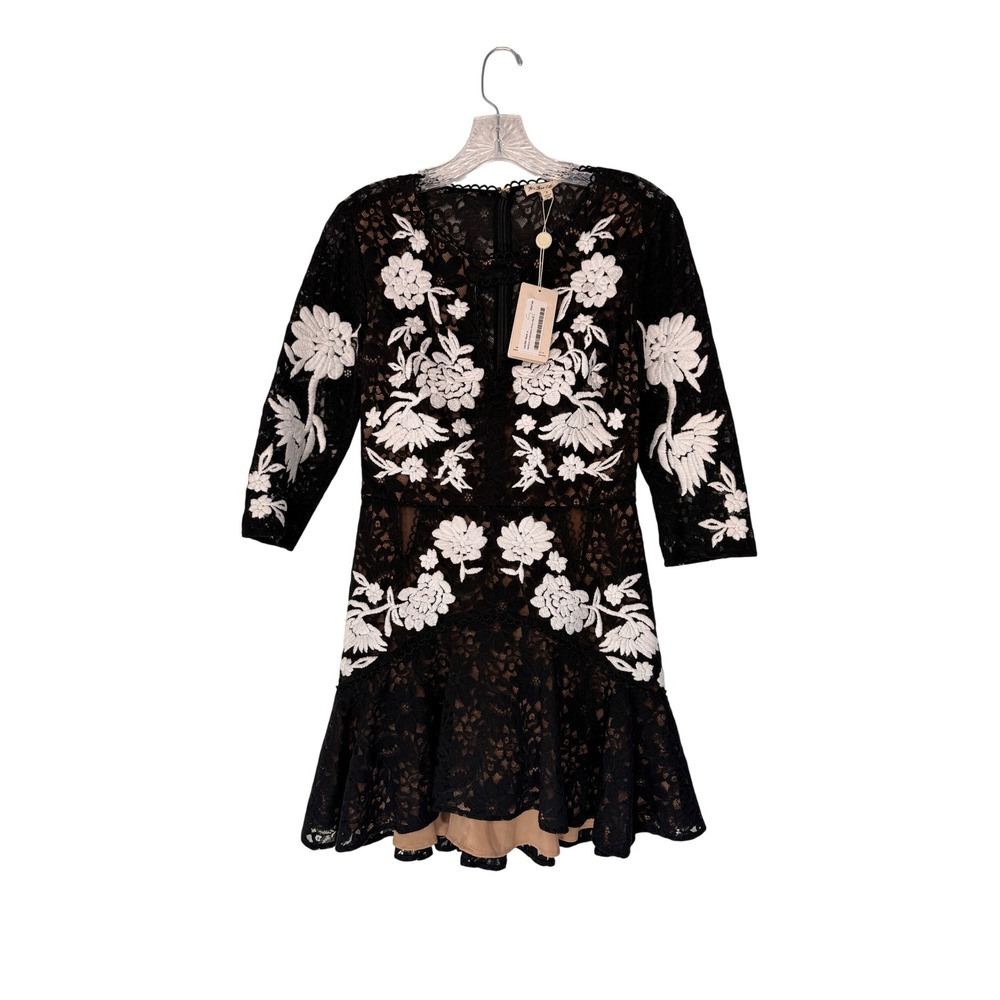 For Love and Lemons Mallorca Embroidery Mini Dress Black White Lace Floral Small